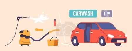 Illustration for Set of Efficient Car Wash Service Icons, Offering Thorough Cleaning, Waxing, And Interior Detailing. Hose, Vacuum Cleaner, Foam, Bucket and Brush to Remove Dirt And Grime. Cartoon Vector Illustration - Royalty Free Image