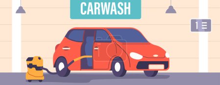 Illustration for Automobile in Car Wash Service Offering Thorough Cleaning, Waxing, And Interior Detailing with Special Equipment for Dirt and Dust Removal. Auto Washing Station. Cartoon People Vector Illustration - Royalty Free Image