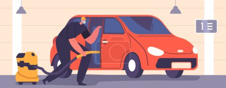 Illustration for Car Wash Service on Auto Station Concept. Cleaning Company Employee Working Process, Man Cleaning Vehicle. Worker Character Wear Uniform Vacuuming Automobile Salon. Cartoon Vector Illustration - Royalty Free Image