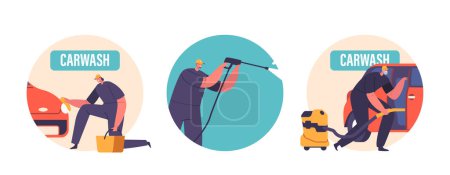 Illustration for Car Wash Service Isolated Round Icons or Avatars. Cleaning Company Employees Characters Wear Uniform Lathering Automobile with Hose, Sponge and Vacuum Cleaner. Cartoon People Vector Illustration - Royalty Free Image