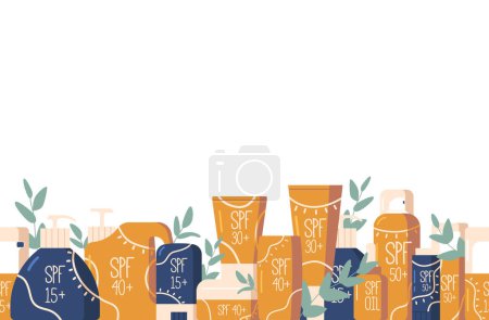 Illustration for Seamless Pattern Featuring Row Of Spf Sun Protection Bottles, Creating A Playful And Practical Design For Summer-themed Projects And Products. Cartoon Vector Illustration, Horizontal Border, Wallpaper - Royalty Free Image