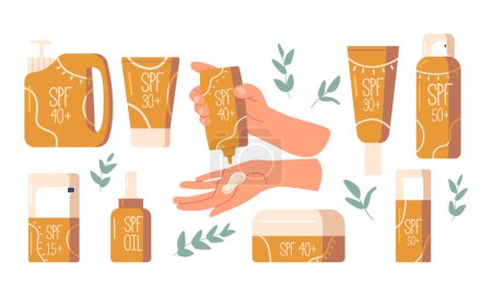 Illustration for Sun Protection Creams Shield Skin From Harmful Uv Rays. Formulated With Spf, They Prevent Sunburn And Damage, Keeping Skin Healthy And Protected During Outdoor Activities. Cartoon Vector Illustration - Royalty Free Image