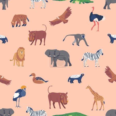 Illustration for African Animal Seamless Pattern, Vibrant Design Featuring Elephant, Lion, Giraffe, And Zebra. Screaming Eagle, Warthog, Monkey and Hyena with Eastern Crowned Crane. Cartoon Vector Illustration - Royalty Free Image