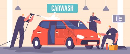 Illustration for Car Wash Service Concept with Workers Wearing Uniform Lathering Automobile with Sponges and Pouring with Water Jets. Cleaning Company Employees at Work Process. Cartoon People Vector Illustration - Royalty Free Image
