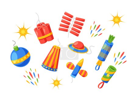 Illustration for Explosive Fireworks, Petards And Dazzling Sparklers Pyrotechnics Items Set. They Illuminate The Night Sky With Vibrant Colors And Patterns,during Celebrations And Events. Cartoon Vector Illustration - Royalty Free Image