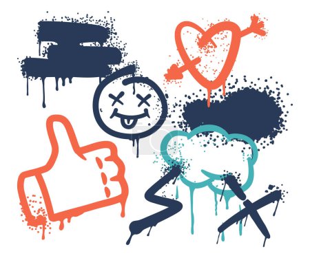 Ilustración de Graffiti Spray Elementos Smiling Face, Thumb Up, Heart with an Arrow, Cloud with Flash, Cross and Spot of Vibrant Colors, And Expressive Forms On Street Walls and Surfaces (en inglés). Ilustración de vectores de dibujos animados - Imagen libre de derechos