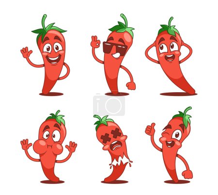 Téléchargez les illustrations : Personnages de Cartoon Red Hot Chili Pepper, Personnages Jalapeno vibrants et épicés qui ajoutent de la saveur à la vaisselle, allant de doux à feu, apportant un coup de pied unique et mémorable aux repas. Illustration vectorielle - en licence libre de droit