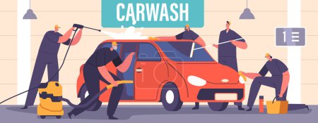 Illustration for Car Wash Service Concept. Workers Characters Wearing Uniform Lathering Automobile with Sponge and Pouring with Water Jet. Cleaning Company Employees at Work Process. Cartoon People Vector Illustration - Royalty Free Image