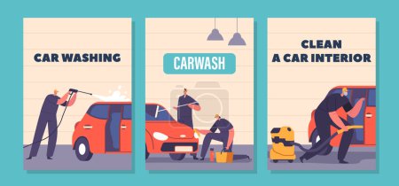 Ilustración de Banners para el servicio de lavado de coches con personajes de los trabajadores que usan automóviles uniformes con espuma con esponjas y agua. Empresa de Limpieza Empleados en el Proceso de Trabajo. Dibujos animados Gente Vector Ilustración - Imagen libre de derechos