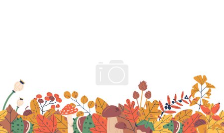 Téléchargez les illustrations : Motif sans couture orné de plantes et de feuilles d'automne vibrantes, bordure horizontale ou papier peint, capturant l'essence de la beauté de la saison et ajoutant de la chaleur à tout design. Illustration vectorielle de bande dessinée - en licence libre de droit