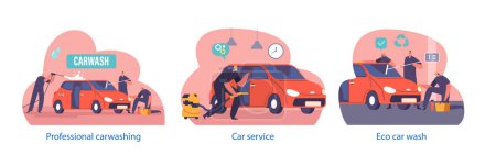 Illustration for Isolated Elements with Car Wash Service Workers in Uniform Lathering Automobile with Sponge and Pouring with Water Jet. Cleaning Company Employees at Work Process. Cartoon People Vector Illustration - Royalty Free Image