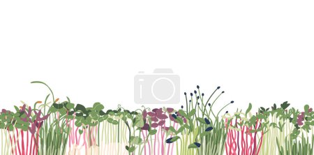 Illustration for Microgreen Seamless Pattern, Vibrant Design Showcasing A Variety Of Tiny Microgreens, Creating A Visually Pleasing And Fresh Pattern, Horizontal, Frame or Wallpaper. Cartoon Vector Illustration - Royalty Free Image