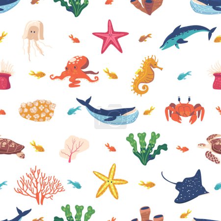 Téléchargez les illustrations : Modèle sans couture vibrant mettant en vedette une variété d'animaux marins, tels que les dauphins, les tortues et les poissons, nageant au milieu de récifs coralliens colorés, créant une scène sous-marine animée. Illustration vectorielle de bande dessinée - en licence libre de droit