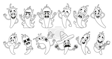 Illustration for Outline Hot Mexican Peppers, Cartoon Jalapeno Characters with Spicy and Fiery Personalities, Reflect Their Intense Flavors, Adding A Zesty Twist To Any Dish. Monochrome Linear Vector Illustration - Royalty Free Image