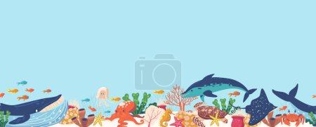 Téléchargez les illustrations : Modèle sans couture avec une variété d'animaux de mer adorables, y compris dauphin, hippocampe, baleine, poulpe et étoile de mer, la création d'une scène sous-marine ludique et vibrante. Illustration vectorielle de bande dessinée - en licence libre de droit