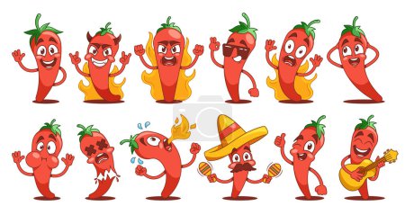 Illustration for Cartoon Hot Pepper Characters Set. Whimsical And Vibrant Red Chili or Jalapeno Personages With Expressive Faces And Playful Personalities. Spicy Food Mariachi, Guindilla Mascot. Vector Illustration - Royalty Free Image