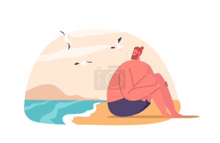 Illustration for Anxious Man With Aquaphobia Sits On Beach, Avoiding Water. Fear Of Swimming Keeps Him On The Shore, Despite The Soothing Waves. Male Character Afraid of Sea. Cartoon People Vector Illustration - Royalty Free Image
