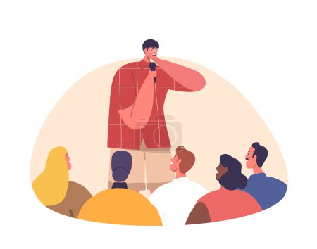 Illustration for Male Character with Glossophobia Paralyzed By Public Speaking Phobia Experiences Intense Fear, Rapid Heart Rate, Trembling, And Sweating When Addressing An Audience. Cartoon People Vector Illustration - Royalty Free Image