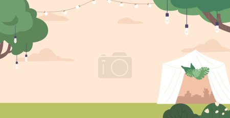 Téléchargez les illustrations : Jardin de mariage enchanteur doté d'un gazebo charmant orné de fleurs, créant un contexte romantique pour échanger des vœux et célébrer l'amour au milieu de la beauté de la nature. Illustration vectorielle de bande dessinée - en licence libre de droit