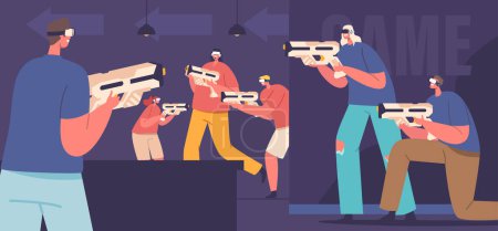 Illustration for People in the Immersive Vr Team Game With Guns, Fight in Intense Battle In Virtual World. Players Strategize, Cooperate In Gameplay For An Adrenaline-pumping Experience. Cartoon Vector Illustration - Royalty Free Image