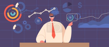 Illustration for Businessman Character in Vr Glasses Confidently Presents Virtual Presentation, Using Gestures And Interactive Visuals To Engage Audience And Enhance Communication. Cartoon People Vector Illustration - Royalty Free Image