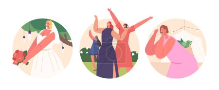 Illustration for Isolated Round Icons or Avatars of Joyful Bride Character Tosses Her Bouquet To Single Friends, Symbolizing Hopes For Their Future Marriages. Bridesmaids Catching Flowers. Cartoon Vector Illustration - Royalty Free Image