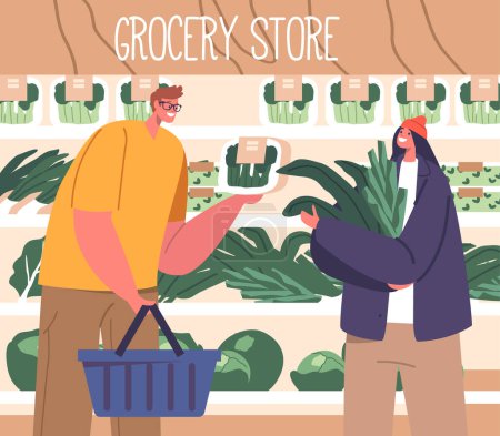 Shoppers Selecting Vibrant Microgreens At The Grocery Store, Male and Female Characters Couple Browsing Through Fresh, Nutritious Options To Enhance Salads And Vegs. Cartoon People Vector Illustration