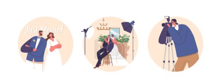 Ilustración de Iconos redondos aislados o avatares de personajes recién casados capturan la magia del día especial con una sesión de fotos de boda de estudio con iluminación profesional y telón de fondo. Dibujos animados Gente Vector Ilustración - Imagen libre de derechos