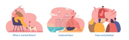 Illustration for Isolated Elements With Human Fears. Male and Female Characters Afraid of Dogs, Public Speaking, and Swimming in Water. People with Cynophobia, Aquaphobia and Glossophobia. Cartoon Vector Illustration - Royalty Free Image