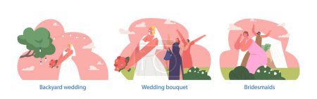 Illustration for Isolated Elements with Bride Toss Wedding Bouquet To Unmarried Guests, Symbolizing Passing On Happiness And Good Fortune. Joyful Bridesmaids Eagerly Catching The Flowers. Cartoon Vector Illustration - Royalty Free Image
