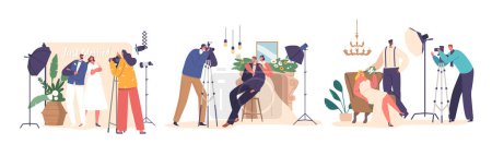 Illustration for Just Married Couple Characters in Elegant Studio Setting Captures Love And Joy On The Special Day. Soft Lighting, Romantic Poses, And Timeless Memories Crafted For The Perfect Wedding Photo Shoot - Royalty Free Image