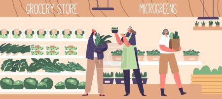 Illustration for Shoppers Characters Selecting Fresh Microgreens At A Grocery Store. Picking Vibrant, Nutrient-rich Varieties, Adding A Healthy And Flavorful Touch To Their Meals. Cartoon People Vector Illustration - Royalty Free Image