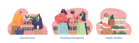 Illustration for Isolated Elements with Male and Female Shoppers Characters Opt For Microgreens At The Grocery Store Due To Their Nutrient-rich Content and Health Benefits. Cartoon People Vector Illustration - Royalty Free Image
