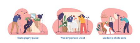 Illustration for Isolated Elements With Just Married Couple Characters in Elegant Studio Setting Captures Love And Joy On The Special Day. Bride and Groom at Wedding Photo Shoot. Cartoon People Vector Illustration - Royalty Free Image