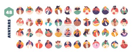 Illustration for Set of People Avatars, Male and Female Characters with Different Appearance. Young and Mature Men or Women Portraits for Social Media and Web Design. Cartoon Vector Illustration, Isolated Round Icons. - Royalty Free Image
