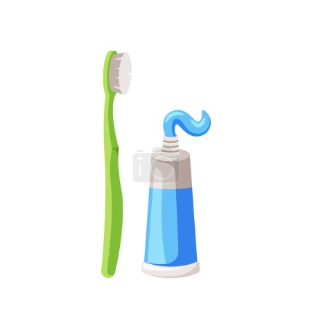 Illustration for Toothbrush With Toothpaste Essential Hygiene Duo For Oral Care. Brush Away Plaque And Bacteria With The Toothbrush, Then Freshen Breath And Protect Teeth With Toothpaste. Cartoon Vector Illustration - Royalty Free Image