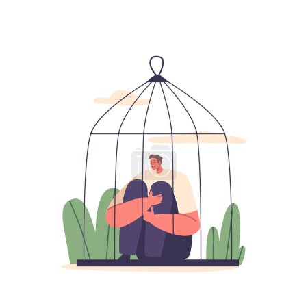 Illustration for Captive Male Character Sitting In Cell. Confined Man Sits Within A Cage, Surrounded By Metal Bars. His Expression Reflects A Mix Of Introspection And Captivity. Cartoon People Vector Illustration - Royalty Free Image