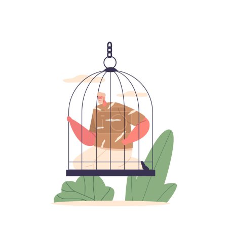 Ilustración de Hombre confinado sentado dentro de una jaula, mostrando vulnerabilidad, aislamiento y cautiverio, evocando emociones de restricción y confinamiento. Carácter masculino cautivo en Cell. Dibujos animados Gente Vector Ilustración - Imagen libre de derechos