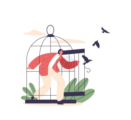 Illustration for Female Character Leaving a Cell with Swallows. Liberated Woman Breaking Free From The Confines Of A Cage, Symbolizing Empowerment, Freedom, And The Courage To Defy Limitations. Vector Illustration - Royalty Free Image