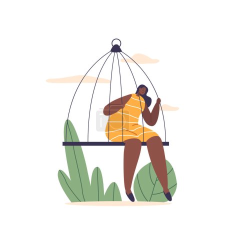 Illustration for Captive Woman Sits Solemnly Within A Confining Cage, Her Expression Reflecting A Mix Of Vulnerability And Longing For Freedom. Female Character at Confinement. Cartoon People Vector Illustration - Royalty Free Image