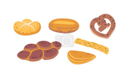 Illustration for Delicious Assortment Of Bakery Products Including Fresh Bread, Pastries, And Cakes. Pretzel, Bun and Sweet Snacks Perfect For Satisfying Savory Cravings. Cartoon Vector Illustration - Royalty Free Image
