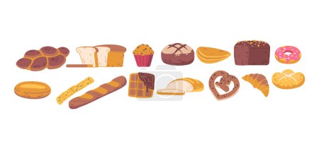 Téléchargez les illustrations : Ensemble de produits de boulangerie comprenant une variété de produits de boulangerie fraîchement cuits, y compris le pain, les croissants, les muffins et les pâtisseries. Pain, Bagel, pain et gaufrettes au beignet ou au cupcake. Illustration vectorielle de bande dessinée - en licence libre de droit