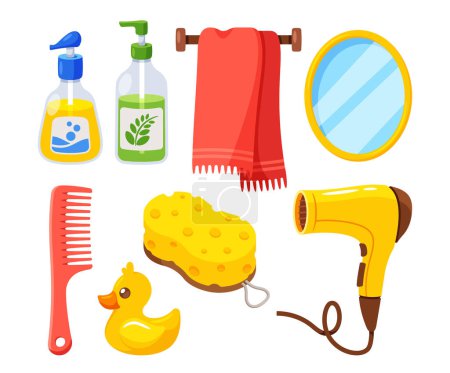 Illustration for Hygiene Items Set Includes Essentials For Personal Cleanliness, Like Soap, Shampoo, And A Towel. Fan, Rubber Duck Toy, Comb, Sponge and Mirror, Ideal For Daily Routines. Cartoon Vector Illustration - Royalty Free Image