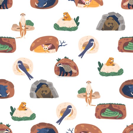 Illustration for Seamless Pattern Featuring Adorable Animals Living In Burrows. Vector Tile Creating A Charming And Playful Design That Captures Warthog, Meerkat, Badger, Groundhog, Fennec, Bear, Swallow And Snake - Royalty Free Image