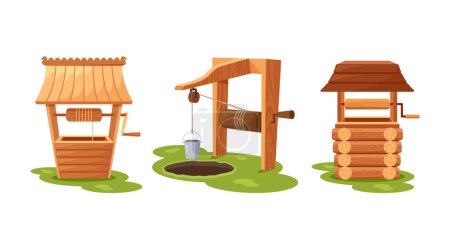 Ilustración de Pozos de agua de madera tradicionales cuentan con estructuras robustas construidas a partir de madera, proporcionando acceso confiable a fuentes de agua. Mezclan funcionalidad con encanto rústico. Ilustración de vectores de dibujos animados - Imagen libre de derechos