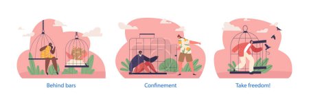 Illustration for Isolated Elements with People Seated Within Secure Cages Prepare For An Adrenaline-filled Escape Act, Male and Female Characters in Confinement Dream about Freedom. Cartoon Vector Illustration - Royalty Free Image