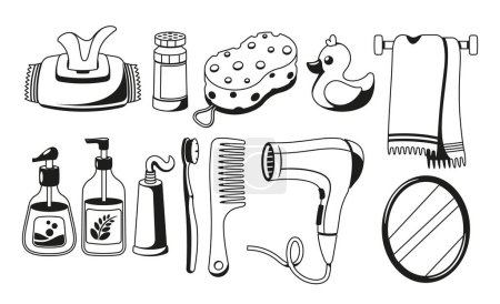 Ilustración de Artículos de higiene Conjunto de iconos monocromáticos. Productos esenciales para la limpieza personal, como jabón, cepillo de dientes, pasta de dientes, champú y más. Ideal para viajes o uso diario. Ilustración de vectores de dibujos animados - Imagen libre de derechos