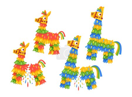 Illustration for Colorful, Festive Donkey and Llama Pinatas, Traditional Party Decorations Filled With Candy And Treats. Participants Take Turns Trying To Break Them Open With A Stick While Blindfolded, Vector - Royalty Free Image
