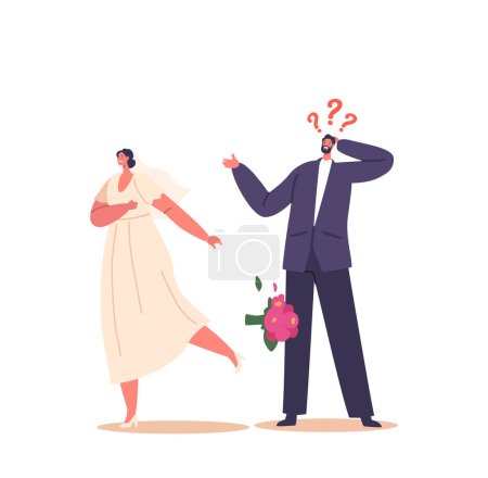 Illustration for Bride Character Sudden Departure During Wedding Ceremony Creates Shock And Confusion, Leaving Groom In Disbelief. Emotions Run High As The Unexpected Event Unfolds. Cartoon People Vector Illustration - Royalty Free Image