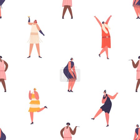 Illustration for Seamless Pattern Featuring Retro Girls Dancing In Vibrant Poses, Capturing The Essence Of Vintage Dance And Adding A Nostalgic Flair To Design. Female Characters Dance. Cartoon People Vector Tile - Royalty Free Image